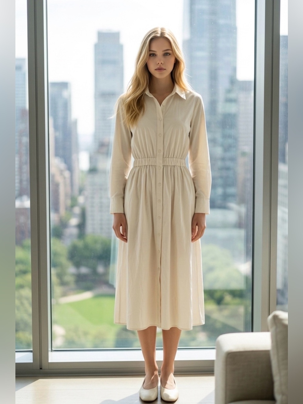 Zara Cream Button-Front Long Sleeve Shirt Dress